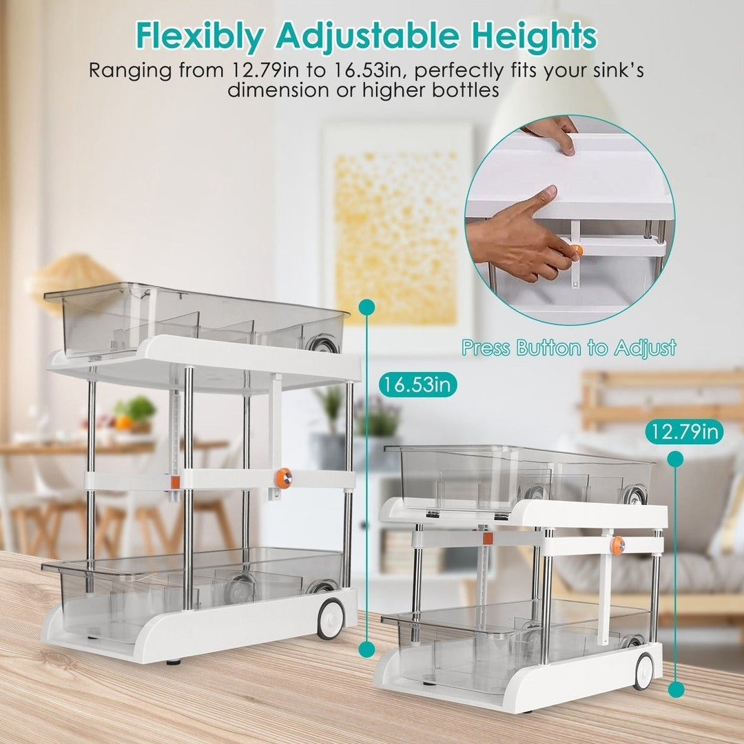 2-Tier Height Adjustable Under Sink Organizer With Flexible Wheels 2 Clear Trays with Movable Dividers Pull Out Cabinet Image 4