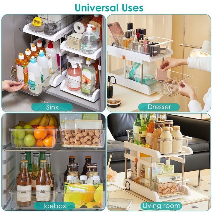 2-Tier Height Adjustable Under Sink Organizer With Flexible Wheels 2 Clear Trays with Movable Dividers Pull Out Cabinet Image 7