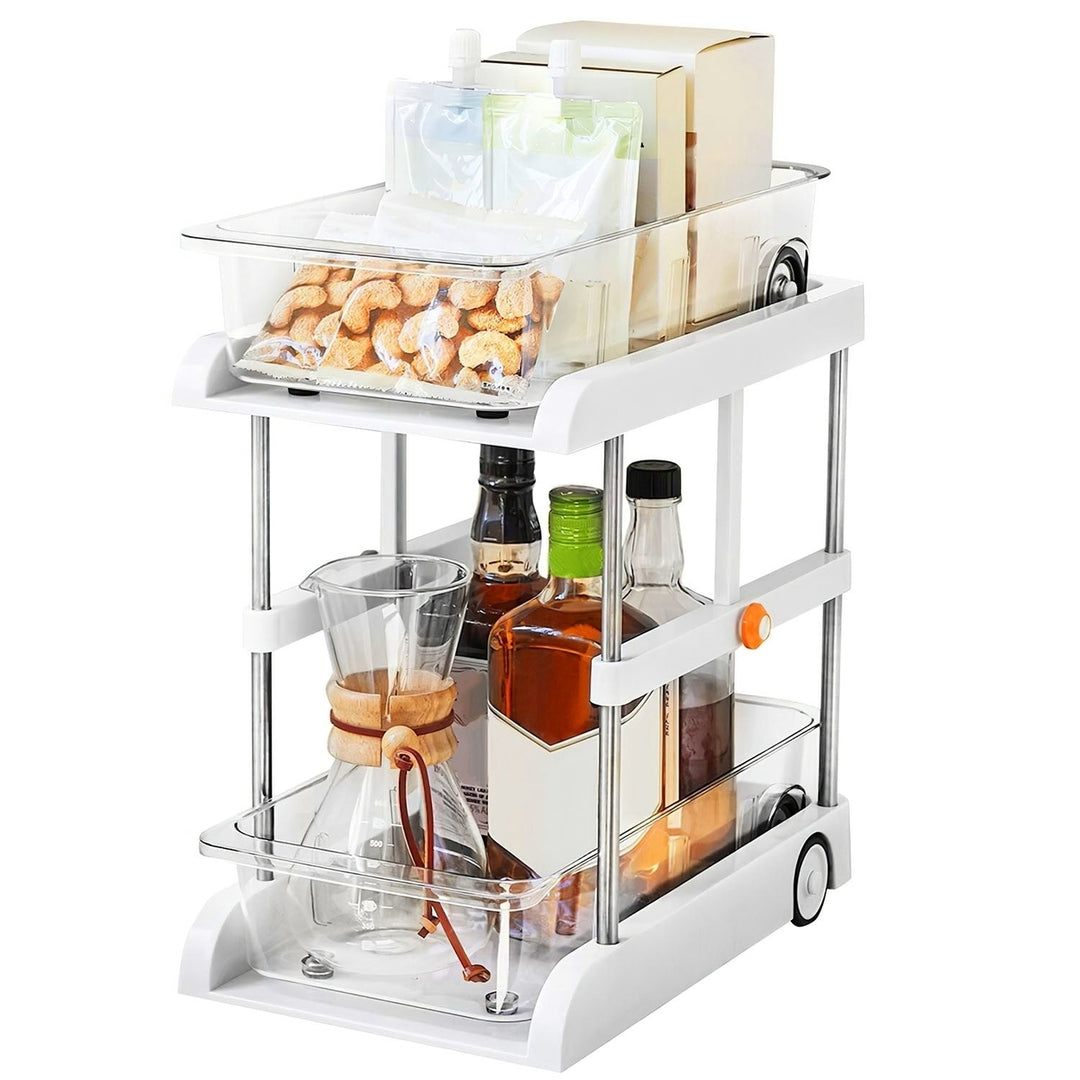 2-Tier Height Adjustable Under Sink Organizer With Flexible Wheels 2 Clear Trays with Movable Dividers Pull Out Cabinet Image 11