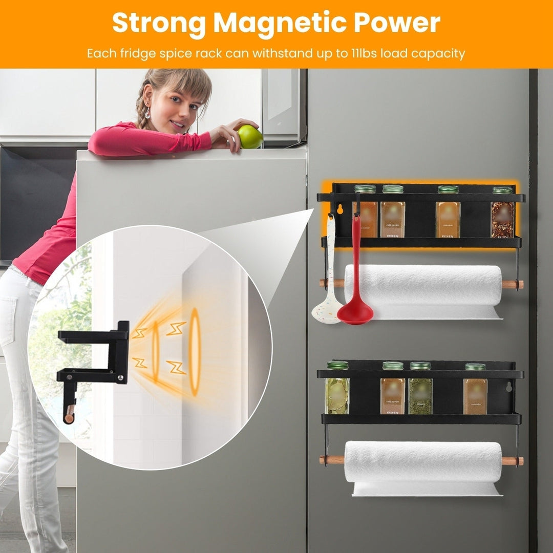 2Pcs Magnetic Spice Racks for Refrigerator With Paper Towel Holder Hooks Kitchen Space-Saving Foldable Fridge Magnet Image 3