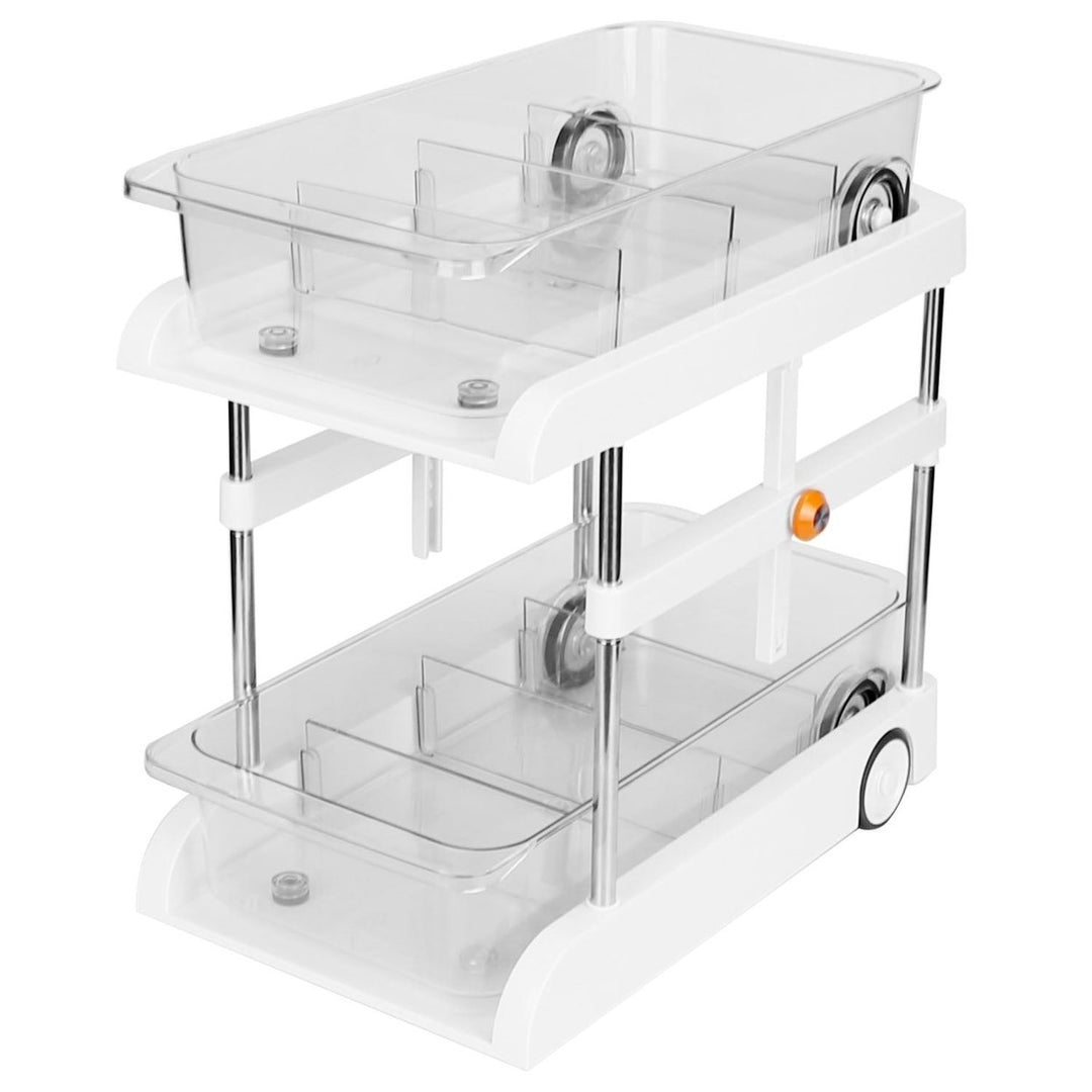 2-Tier Height Adjustable Under Sink Organizer With Flexible Wheels 2 Clear Trays with Movable Dividers Pull Out Cabinet Image 1