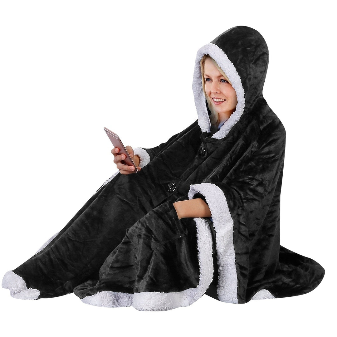 Hoodie Blanket Wrap Wearable Hoodie Snuggle Robe Sweatshirt Soft Lined Cuddle Poncho Cape with Hat 2 Pockets Buttons Image 3