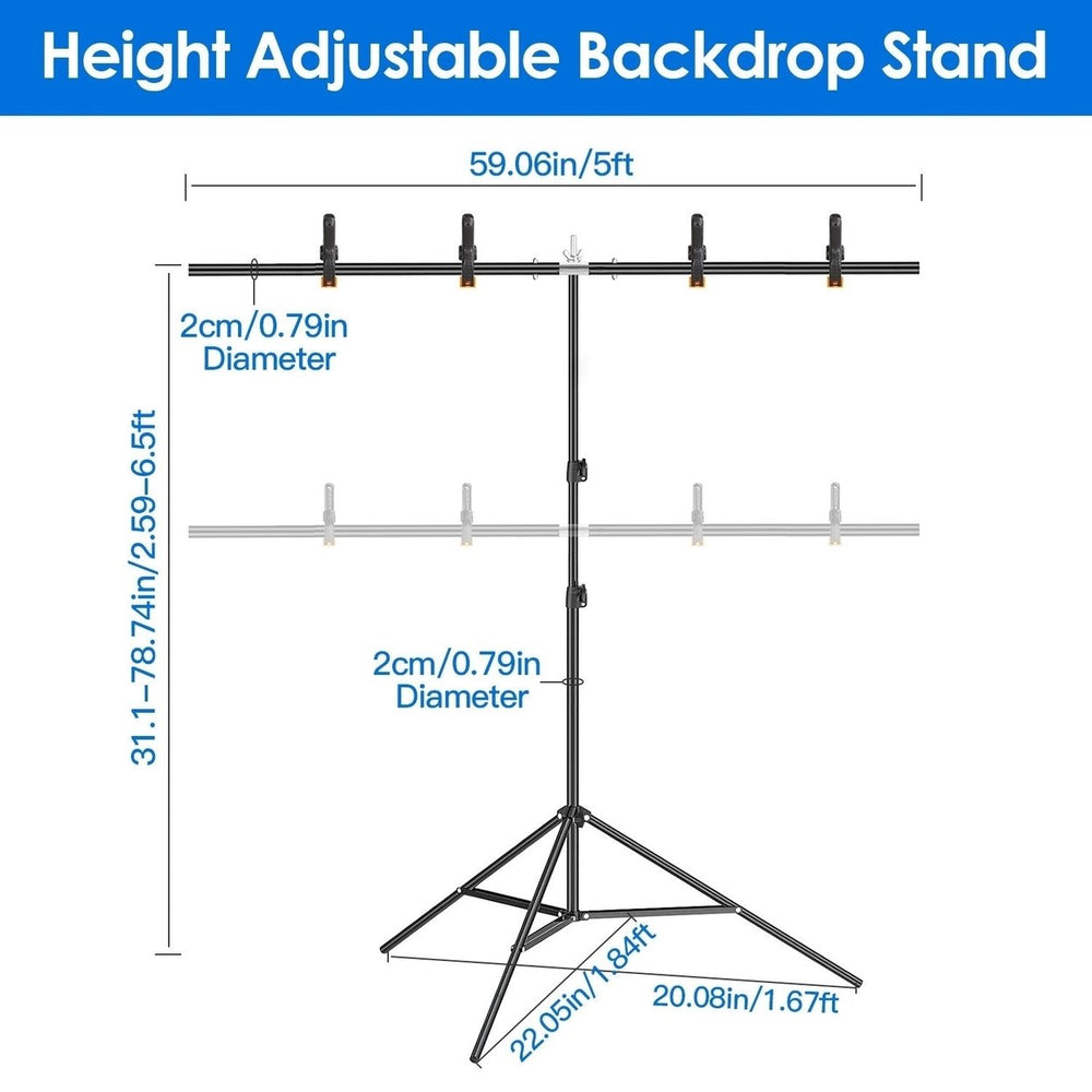 T Shape Photo Video Backdrop Stand Heavy Duty Background Stand Adjustable Photography Backdrop Stand with 6 Spring Image 2