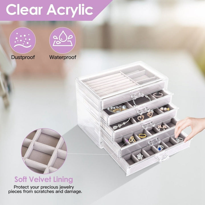 Clear Acrylic Jewelry Box Organizer with 5 Drawers Stackable Jewelry Holder Velvet Storage Case for Earrings Rings Image 2