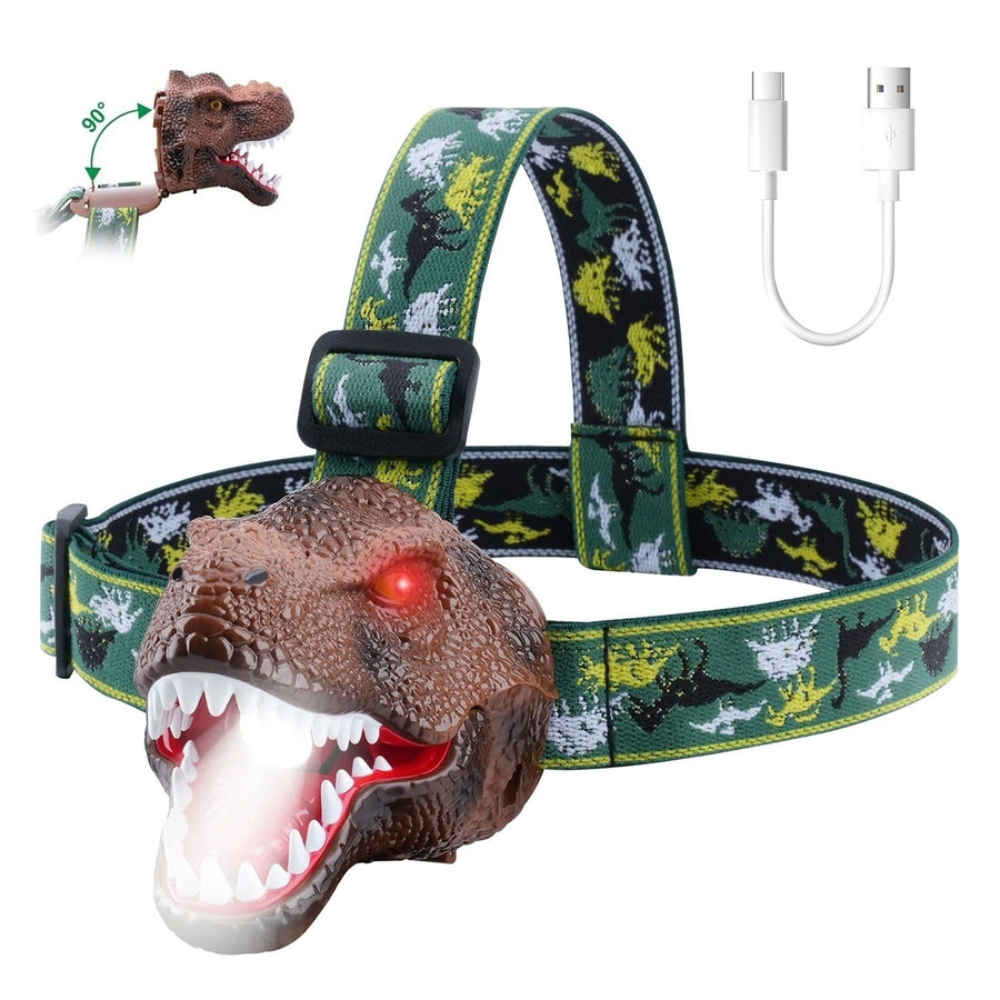 Dinosaur Headlamp Kids Headlight Dinosaur Flashlight with Realistic Roar Sound 4 Modes Adjustable Headband Kid Camping Image 1