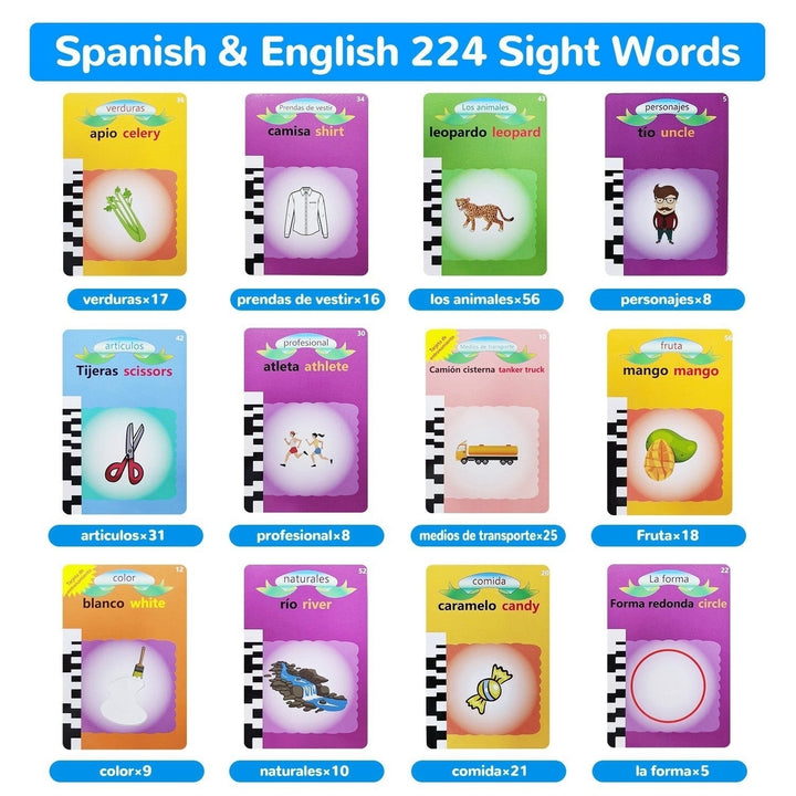 Spanish English Talking Flash Cards 224 Sight Words Bilingual Flash Cards Rechargeable Card Early Education Device Image 12