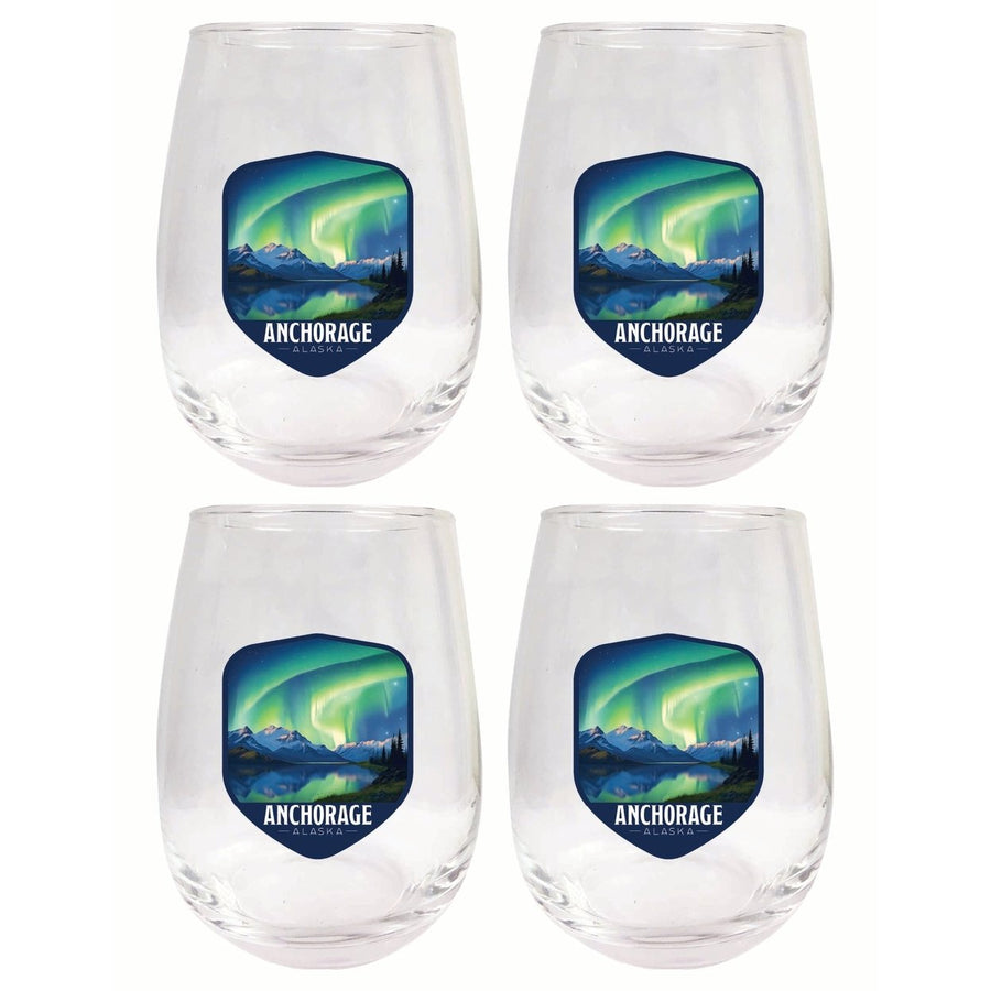 Anchorage Alaska Aurora Borealis Design Souvenir 15 oz Stemless Wine Glass 4-Pack Image 1