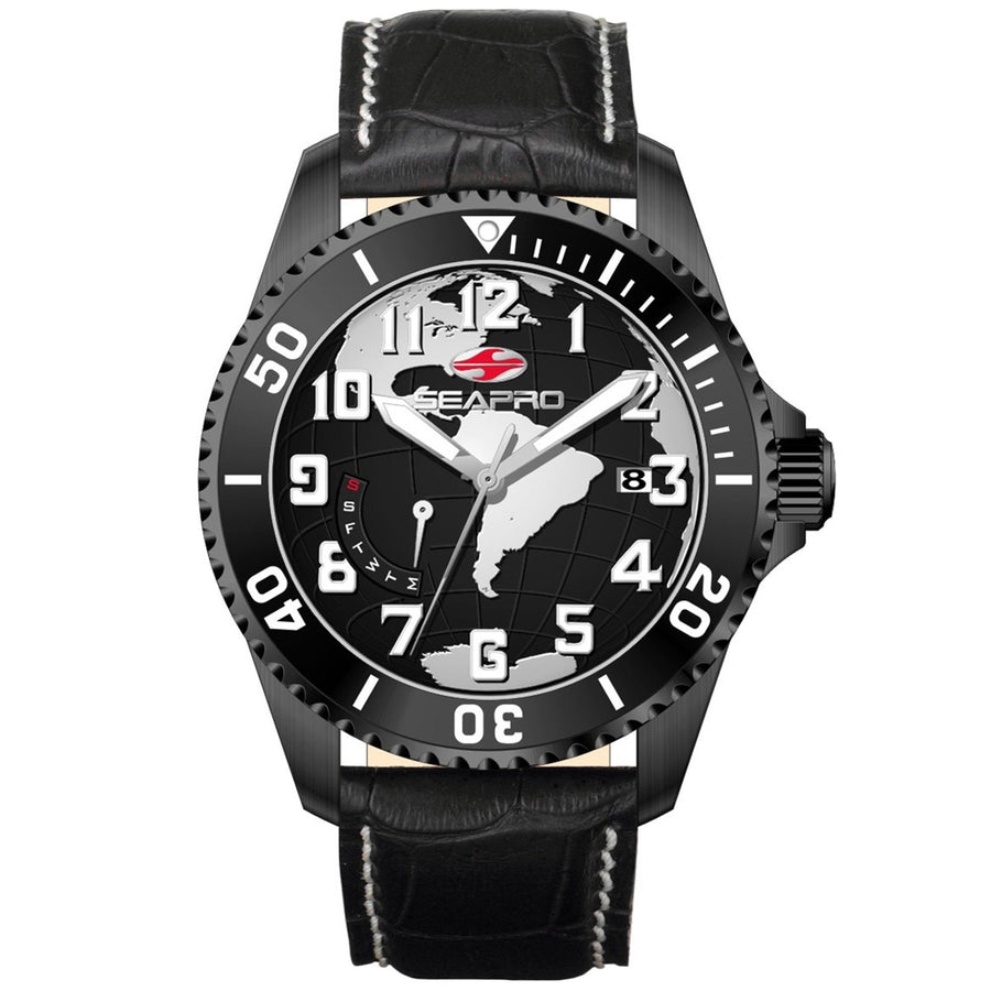 Seapro Voyager Mens Black Dial Quartz Watch SP2743 Stainless Steel Leather Strap Image 1