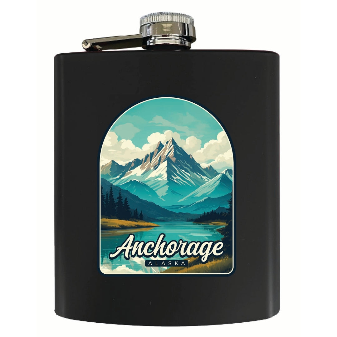 Anchorage Alaska Lake Mountain Design Souvenir 7 oz Steel Flask Matte Finish Image 1