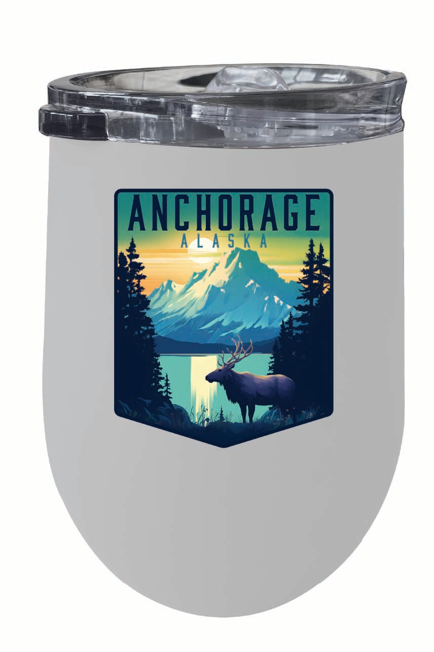 Anchorage Alaska Moose and Mountains Design Souvenir 12 oz Insulated Wine Stainless Steel Tumbler Image 1