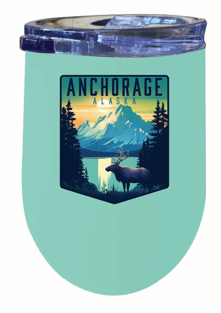 Anchorage Alaska Moose and Mountains Design Souvenir 12 oz Insulated Wine Stainless Steel Tumbler Image 2