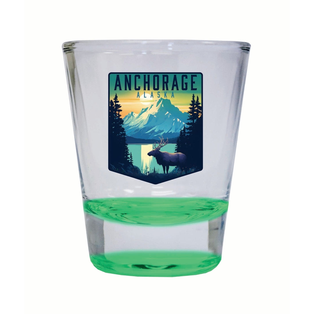 Anchorage Alaska Moose and Mountains Design Souvenir 2 Ounce Shot Glass Round Image 1