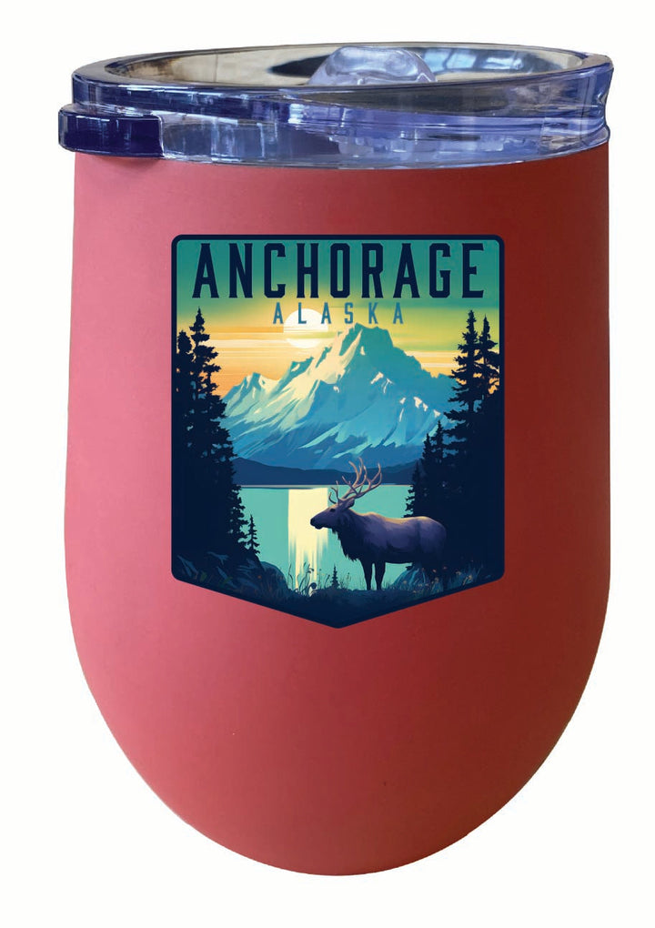 Anchorage Alaska Moose and Mountains Design Souvenir 12 oz Insulated Wine Stainless Steel Tumbler Image 4