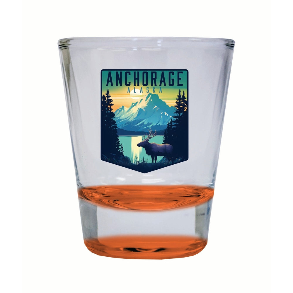 Anchorage Alaska Moose and Mountains Design Souvenir 2 Ounce Shot Glass Round Image 2