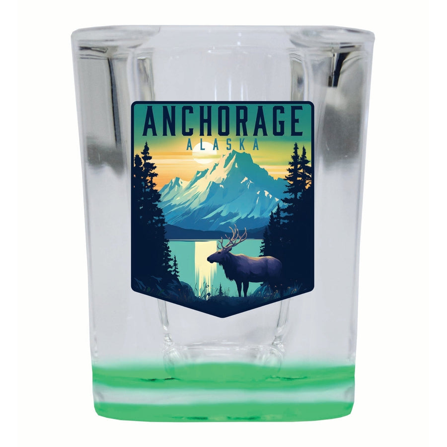 Anchorage Alaska Moose and Mountains Design Souvenir 2 Ounce Shot Glass Square Image 1