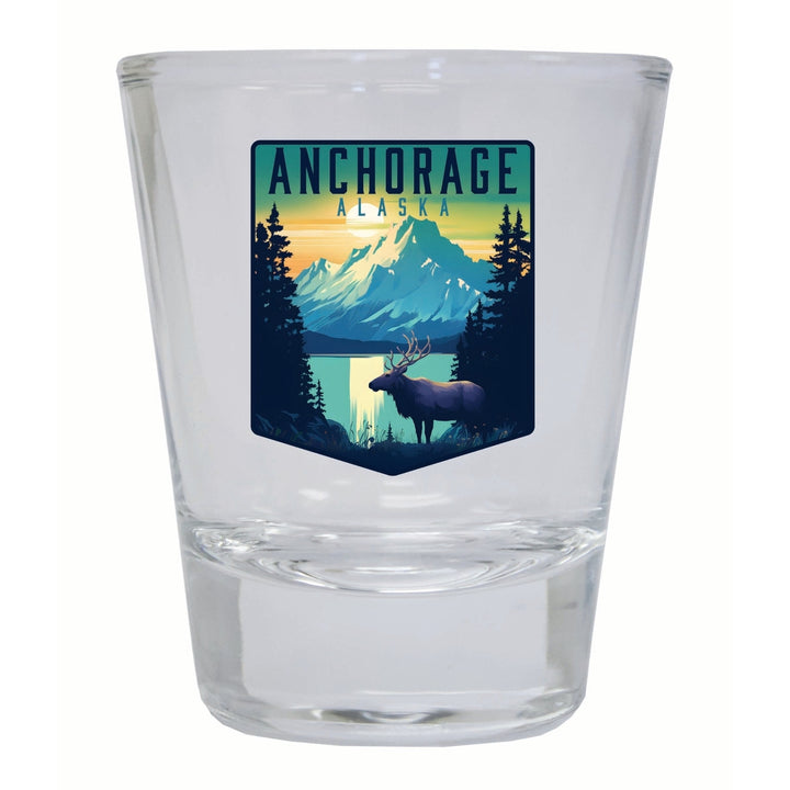 Anchorage Alaska Moose and Mountains Design Souvenir 2 Ounce Shot Glass Round Image 3