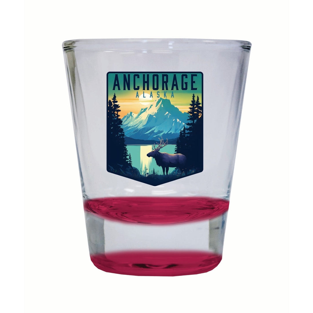 Anchorage Alaska Moose and Mountains Design Souvenir 2 Ounce Shot Glass Round Image 4