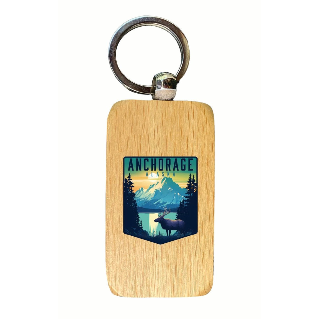 Anchorage Alaska Moose and Mountains Design Souvenir 2.5x1-Inch Souvenir Wooden Keychain Image 1