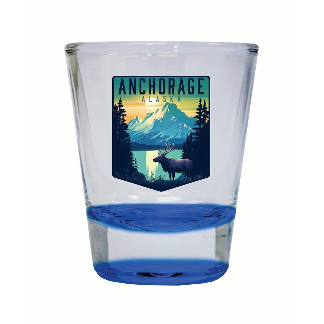 Anchorage Alaska Moose and Mountains Design Souvenir 2 Ounce Shot Glass Round Image 1