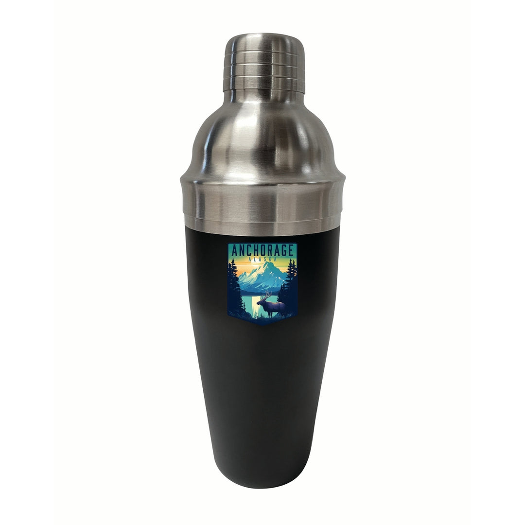 Anchorage Alaska Moose and Mountains Design Souvenir 24 oz Stainless Steel Cocktail Shaker Black Image 1