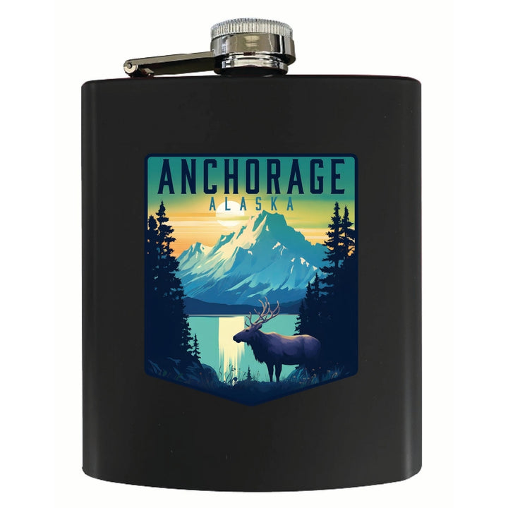 Anchorage Alaska Moose and Mountains Design Souvenir 7 oz Steel Flask Matte Finish Image 1