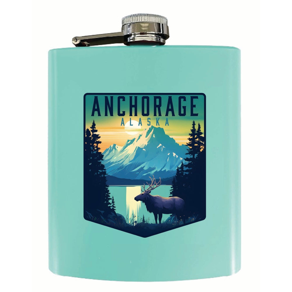 Anchorage Alaska Moose and Mountains Design Souvenir 7 oz Steel Flask Matte Finish Image 2