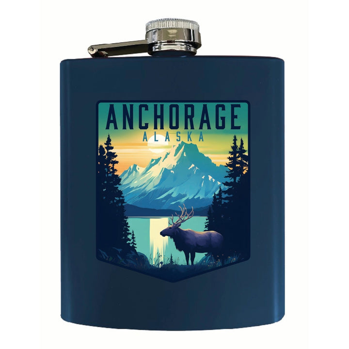 Anchorage Alaska Moose and Mountains Design Souvenir 7 oz Steel Flask Matte Finish Image 3