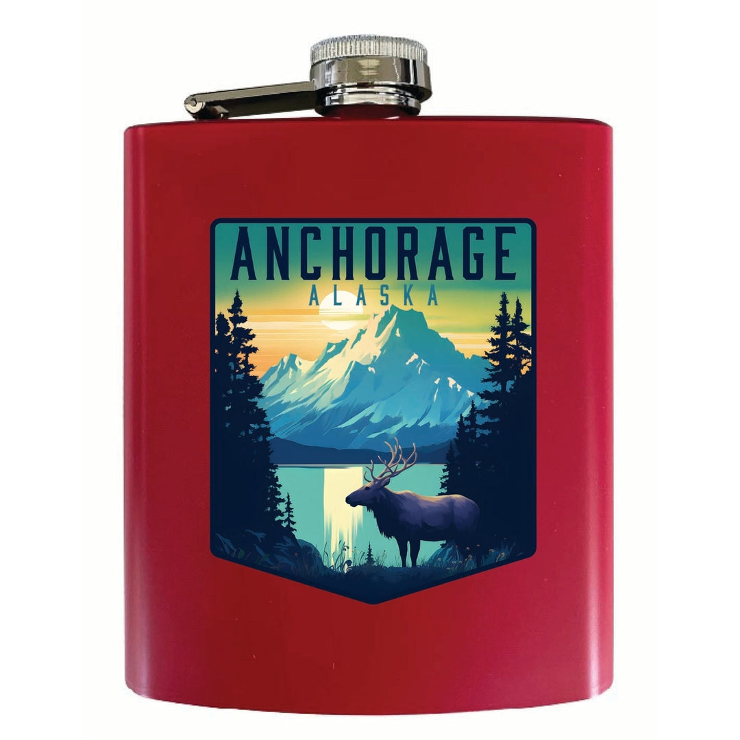 Anchorage Alaska Moose and Mountains Design Souvenir 7 oz Steel Flask Matte Finish Image 4