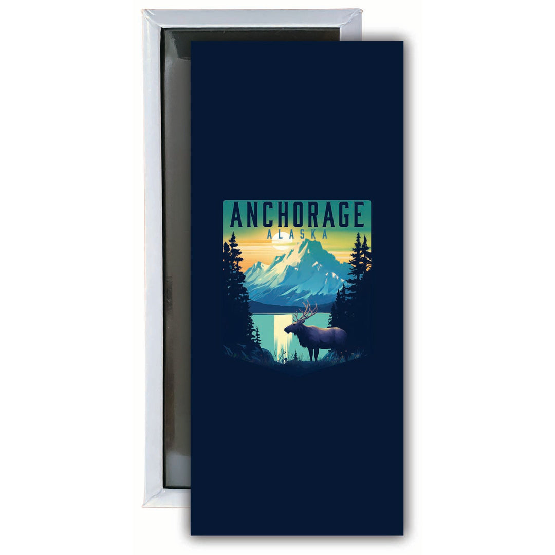 Anchorage Alaska Moose and Mountains Design Souvenir Fridge Magnet 4.75 x 2 Inch Image 1