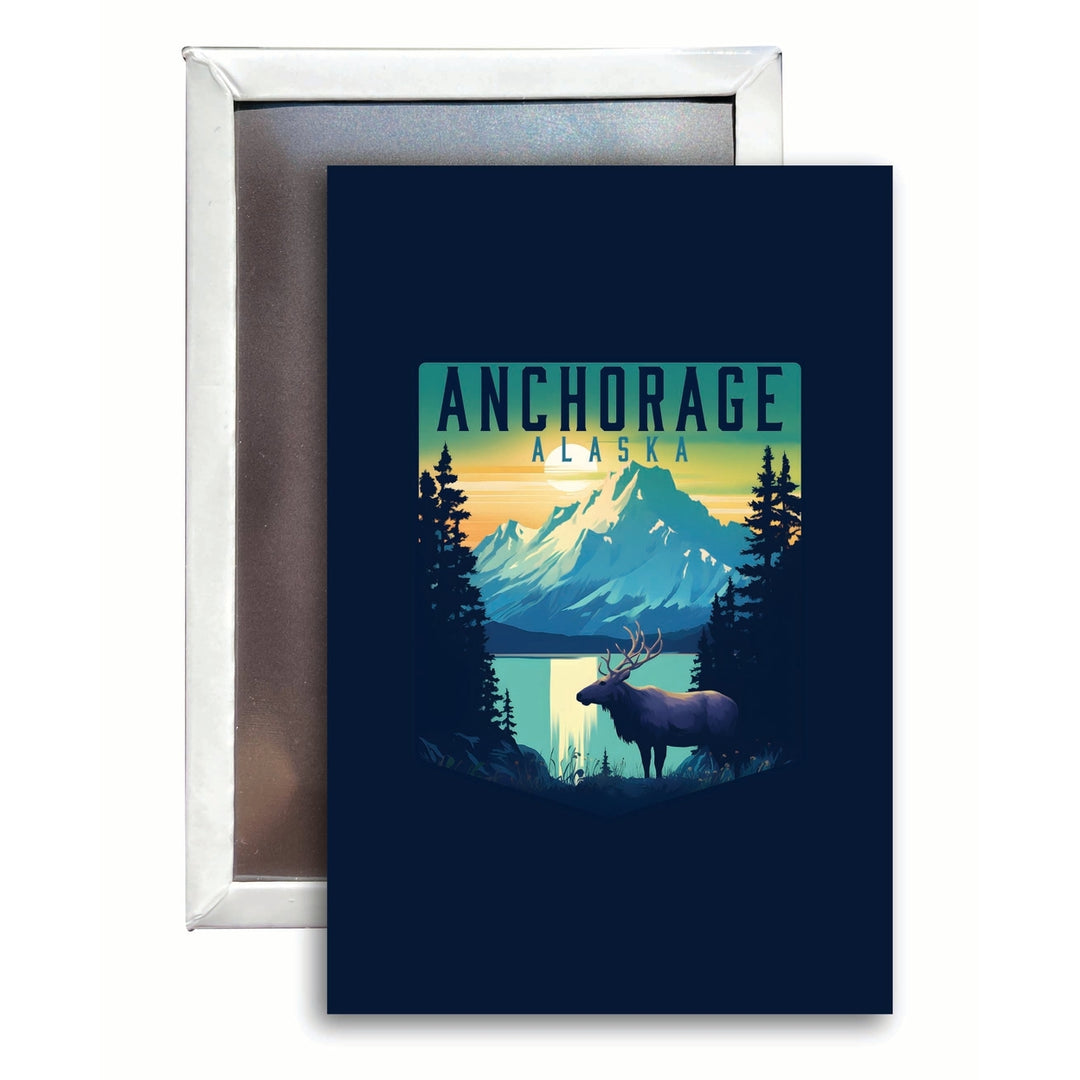 Anchorage Alaska Moose and Mountains Design Souvenir Refrigerator Magnet 2.5"X3.5" Image 1