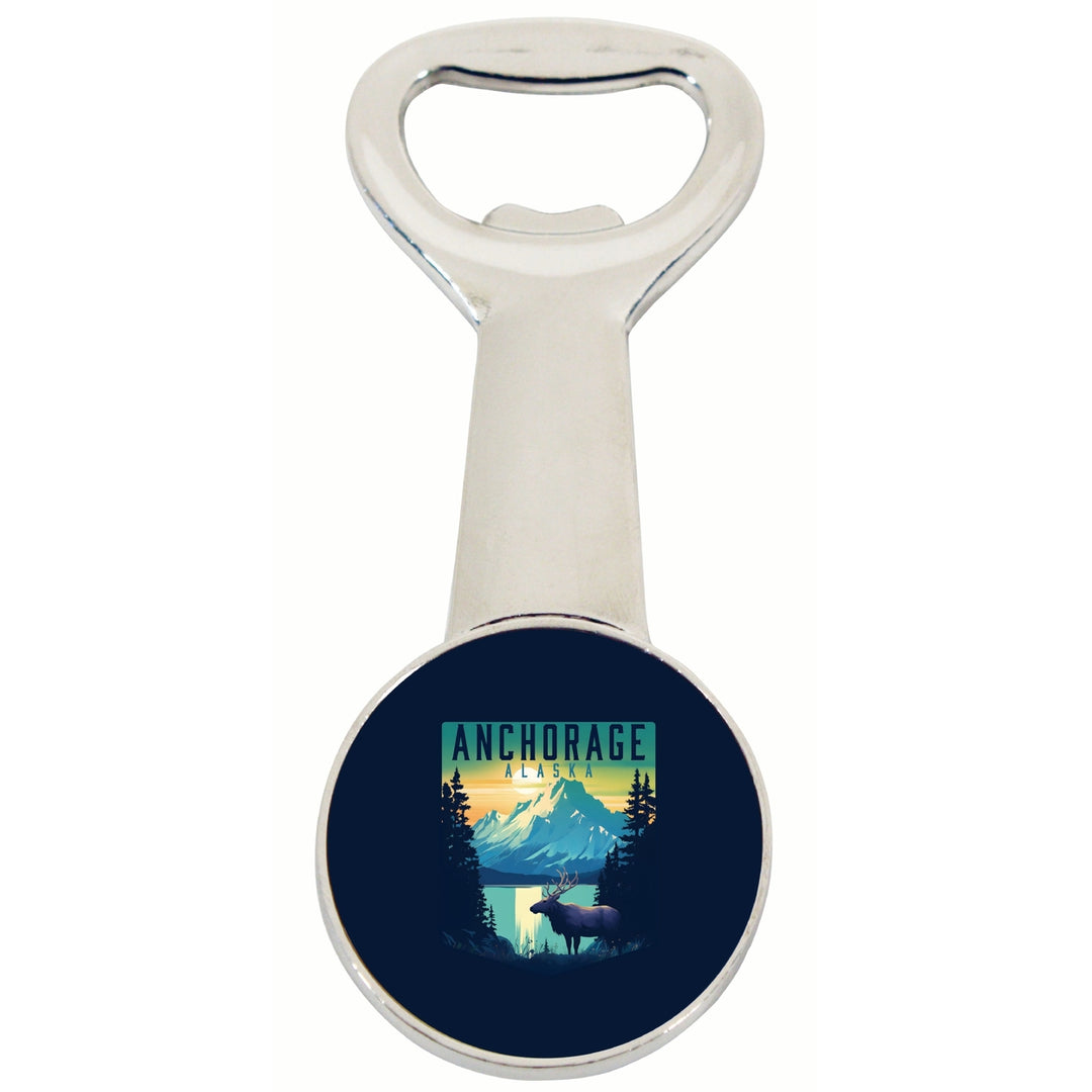 Anchorage Alaska Moose and Mountains Design Souvenir Magnetic Bottle Opener Image 1