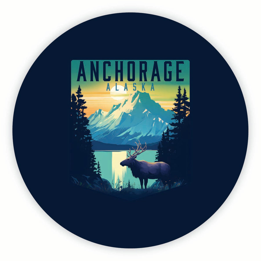 Anchorage Alaska Moose and Mountains Design Souvenir Round Fridge Magnet Image 1