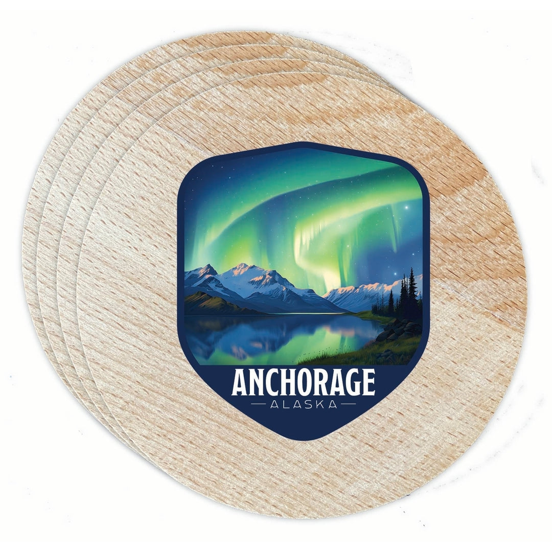 Anchorage Alaska Aurora Borealis Design Souvenir Coaster Wooden 3.5 x 3.5-Inch 4 Pack Image 1