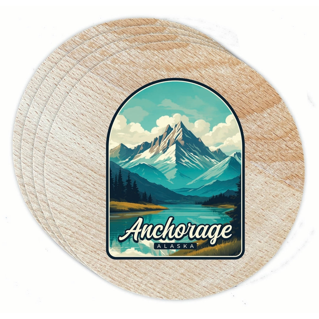 Anchorage Alaska Lake Mountain Design Souvenir Coaster Wooden 3.5 x 3.5-Inch 4 Pack Image 1