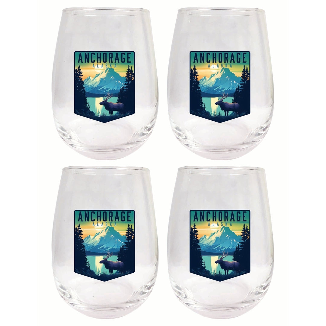 Anchorage Alaska Moose and Mountains Design Souvenir 15 oz Stemless Wine Glass 4-Pack Image 1