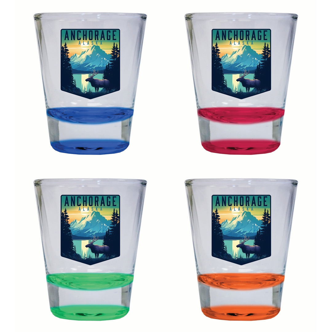 Anchorage Alaska Moose and Mountains Design Souvenir 2 Ounce Shot Glass Round 4-Pack Multicolor Image 1