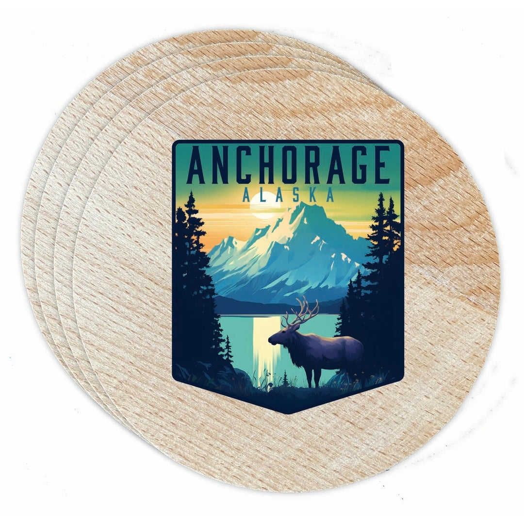 Anchorage Alaska Moose and Mountains Design Souvenir Coaster Wooden 3.5 x 3.5-Inch 4 Pack Image 1