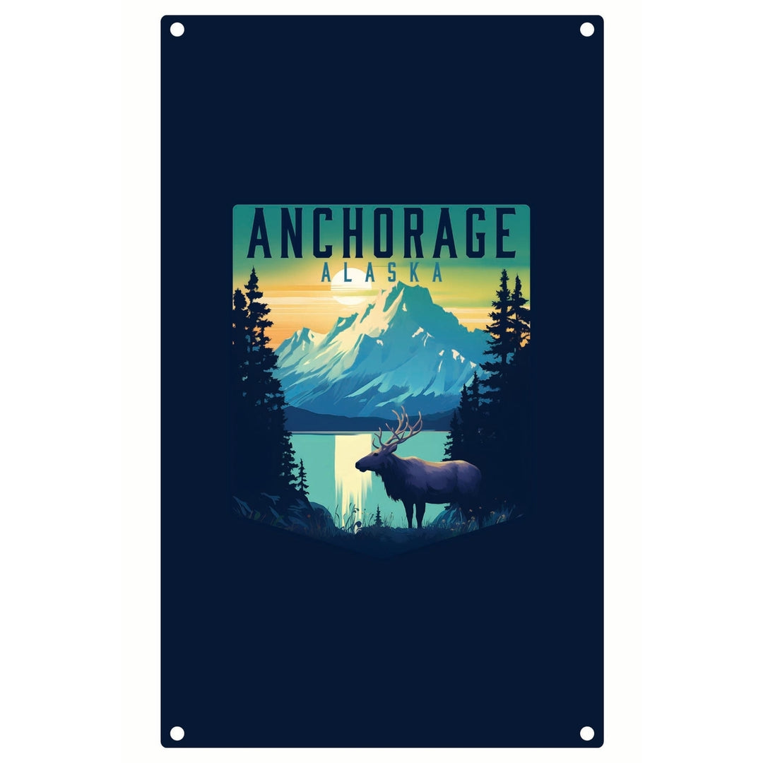 Anchorage Alaska Moose and Mountains Design Souvenir Metal Sign 9 x 15 Image 1