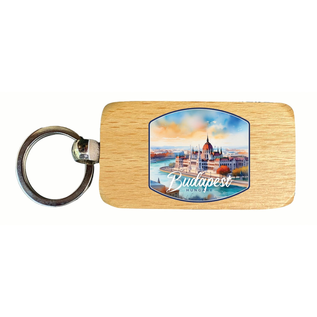 Budapest Hungary Watercolor Cityscape Design Souvenir 2.5x1-Inch Souvenir Wooden Keychain Image 1