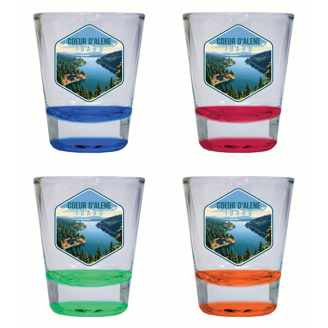 Coeur DAlene Idaho Aerial Lake Design Souvenir 2 Ounce Shot Glass Round 4-Pack Multicolor Image 1