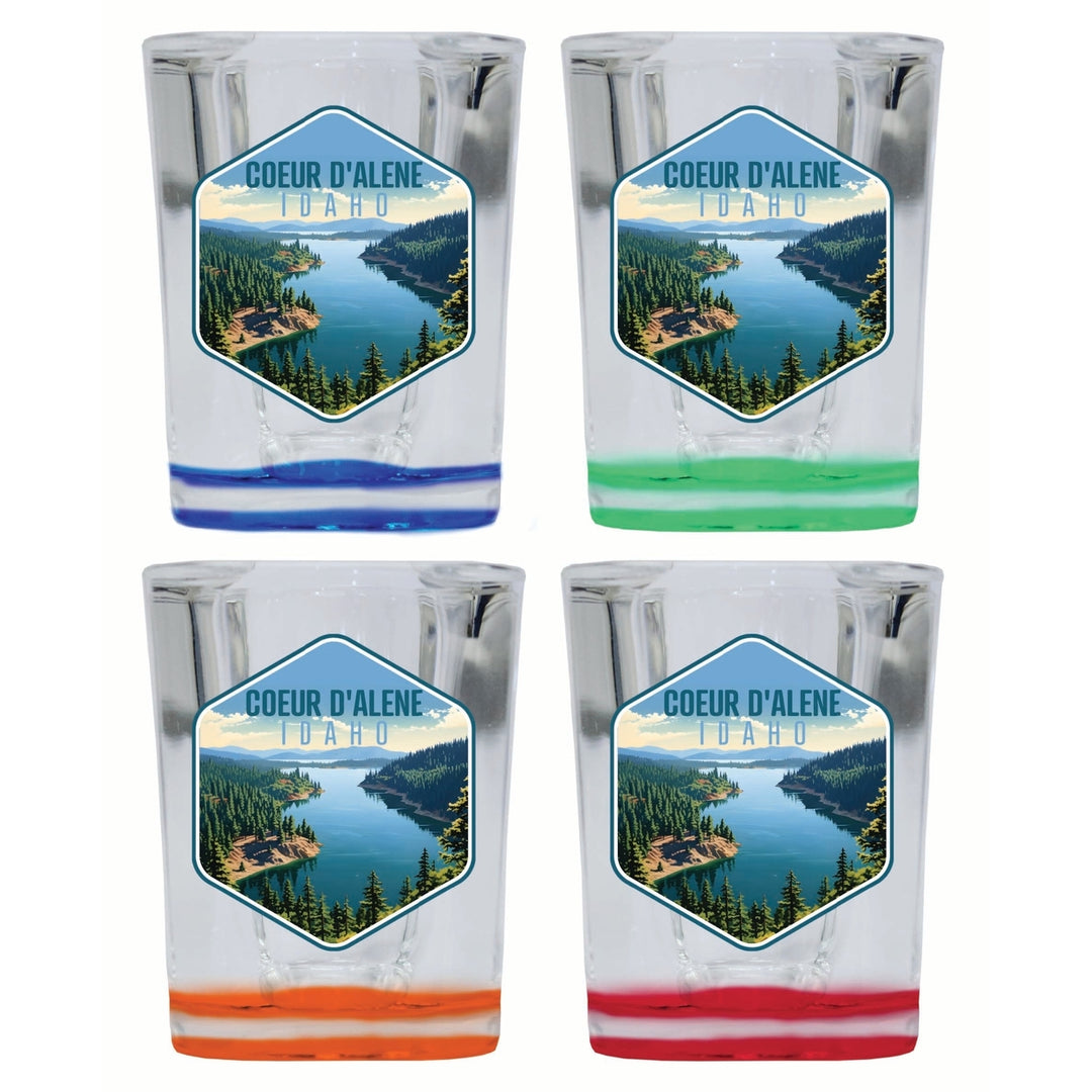 Coeur DAlene Idaho Aerial Lake Design Souvenir 2 Ounce Shot Glass Square 4-Pack Multicolor Image 1