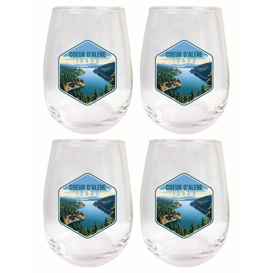 Coeur DAlene Idaho Aerial Lake Design Souvenir 15 oz Stemless Wine Glass 4-Pack Image 1