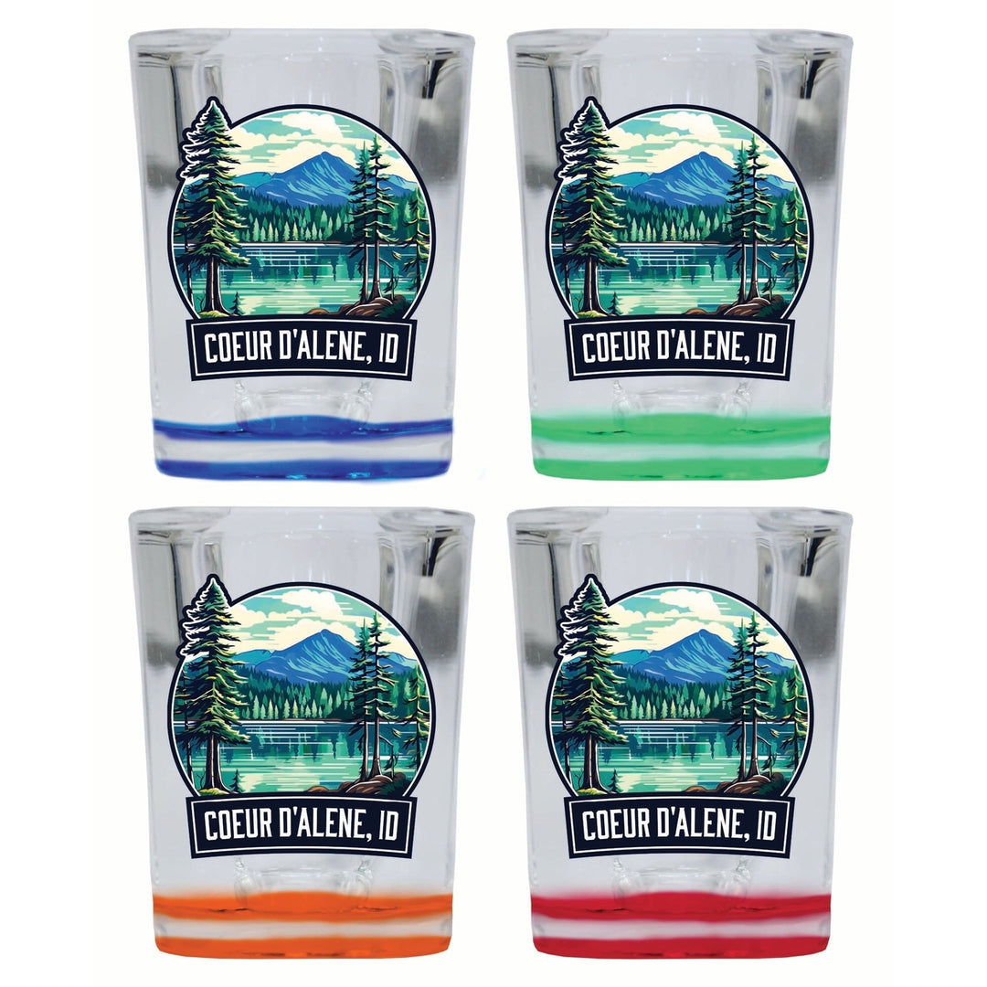 Coeur DAlene Idaho Mountain Lake Illustration Design Souvenir 2 Ounce Shot Glass Square 4-Pack Multicolor Image 1