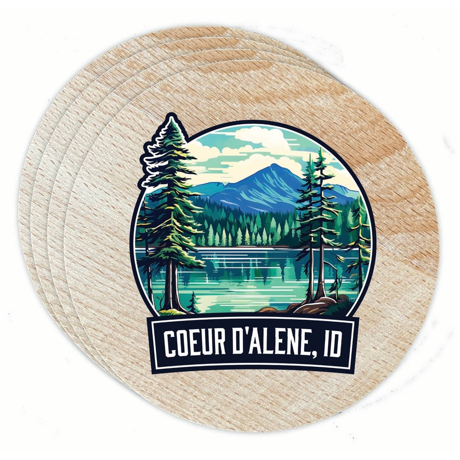 Coeur DAlene Idaho Mountain Lake Illustration Design Souvenir Coaster Wooden 3.5 x 3.5-Inch 4 Pack Image 1