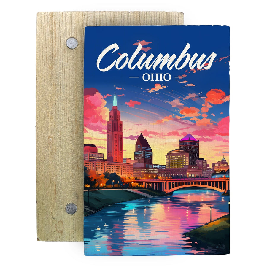 Columbus Ohio Sunset Cityscape Design Souvenir Wooden 2" x 3" Fridge Magnet Image 1