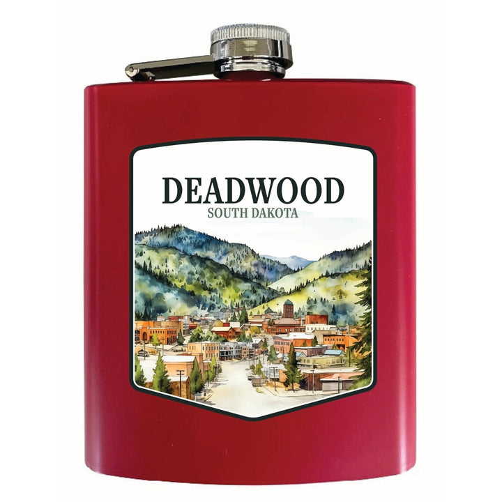 Deadwood South Dakota Watercolor Cityscape Design Souvenir 7 oz Steel Flask Matte Finish Image 1