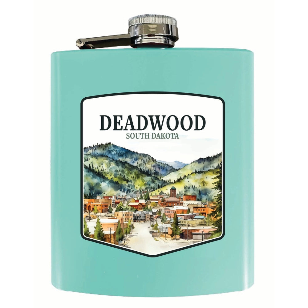 Deadwood South Dakota Watercolor Cityscape Design Souvenir 7 oz Steel Flask Matte Finish Image 2