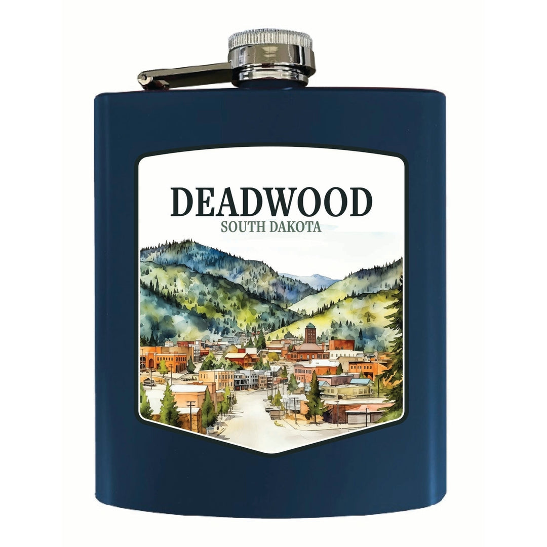 Deadwood South Dakota Watercolor Cityscape Design Souvenir 7 oz Steel Flask Matte Finish Image 3