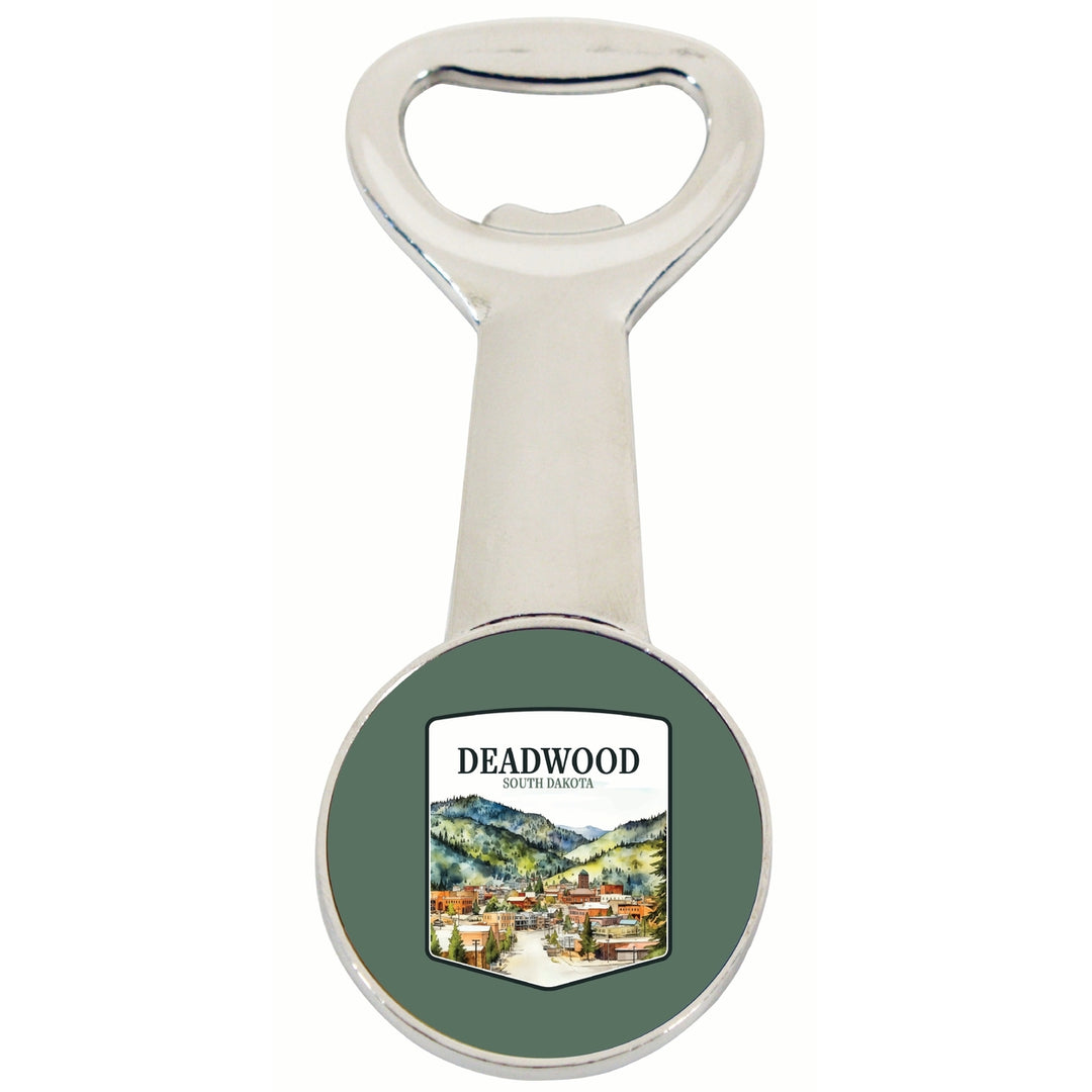 Deadwood South Dakota Watercolor Cityscape Design Souvenir Magnetic Bottle Opener Image 1