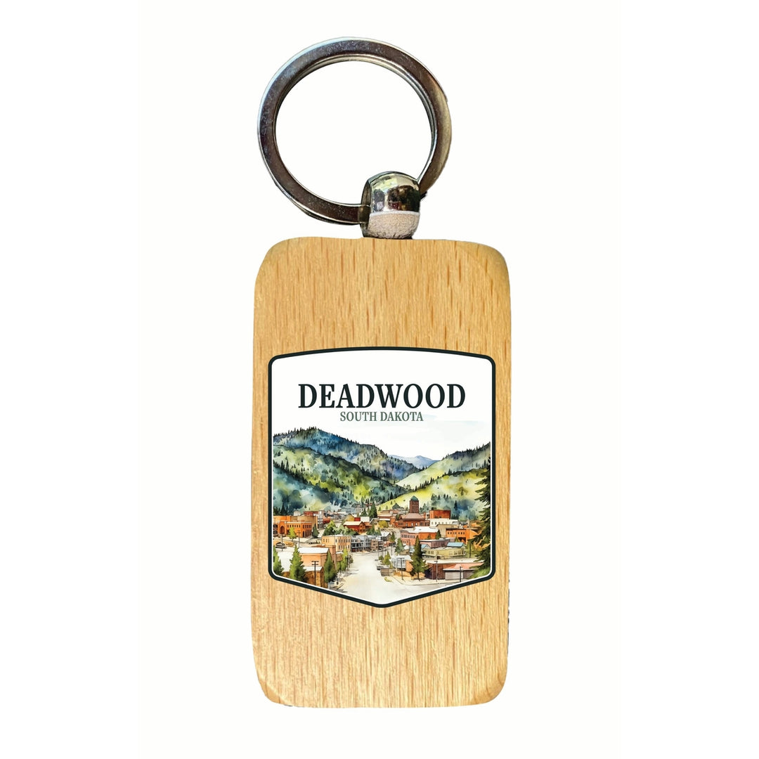 Deadwood South Dakota Watercolor Cityscape Design Souvenir 2.5x1-Inch Souvenir Wooden Keychain Image 1